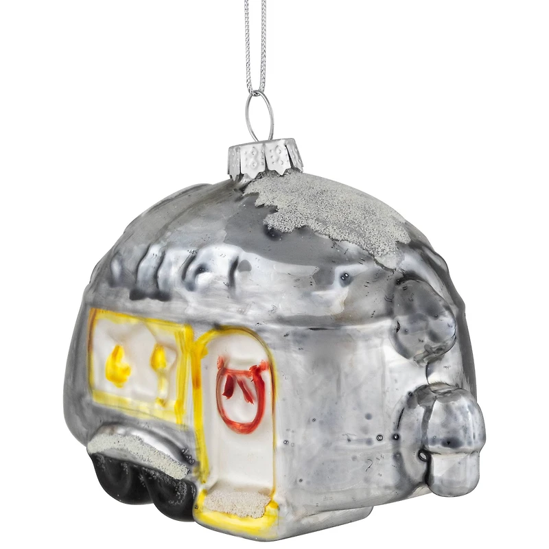 Teardrop Camper Glass Christmas Ornament - 4.25" - Silver