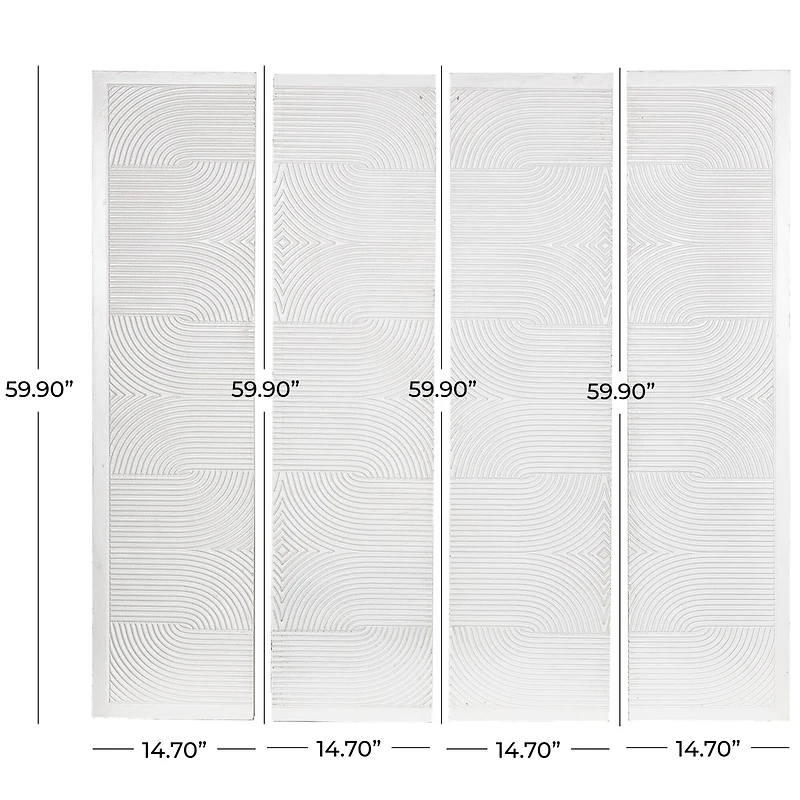 CosmoLiving by Cosmopolitan Wooden White Handmade Carved Panel Geometric Wall Art with Looped Sand Art Design, Set of 4