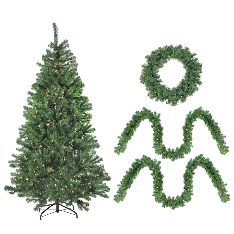 Pre-Lit 4-Piece Winter Spruce Artificial Christmas Tree, Garland & Wreath Set, Clear Lights