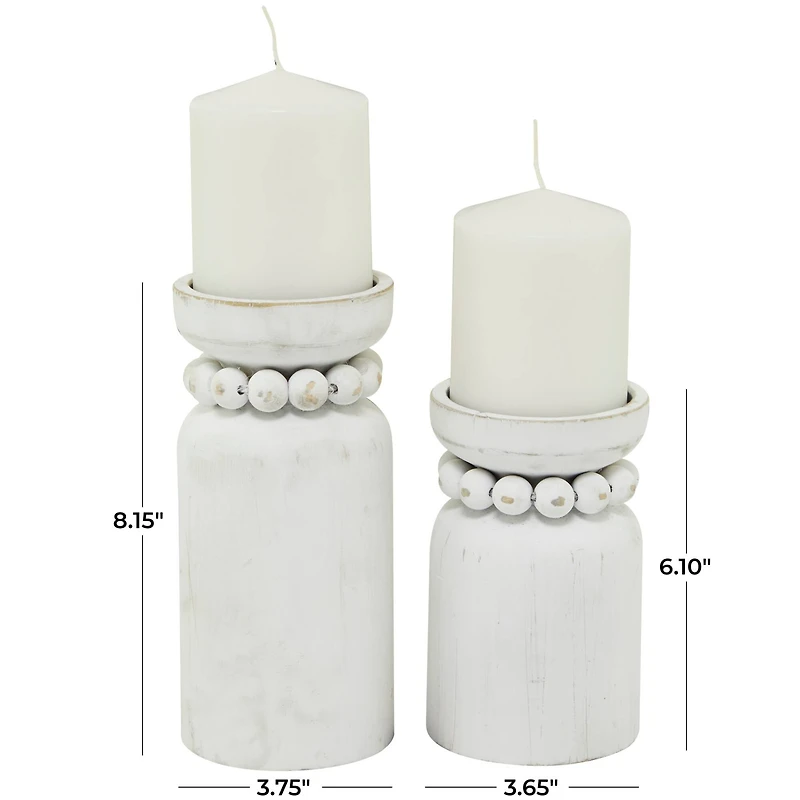 White Wood Beaded Pillar Candle Holder Set