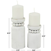 White Wood Beaded Pillar Candle Holder Set