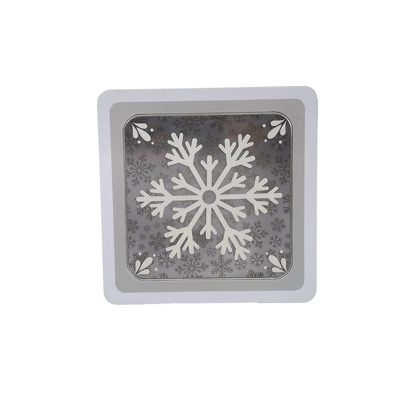 Snowflakes with Clear Window Square Christmas Tin by Makery™