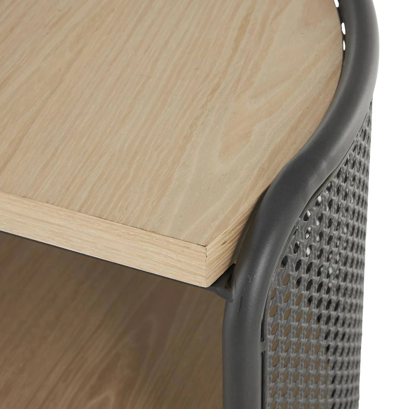 22.25" Light Brown Wooden Half-Moon Two-Toned 1-Shelf Accent Table with Mesh Back Panel