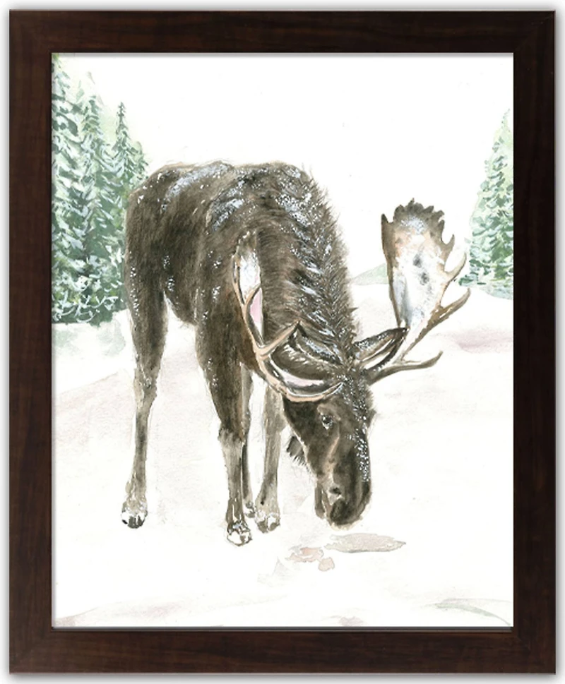 Winter Moose Walnut Framed Print Under Plexiglass