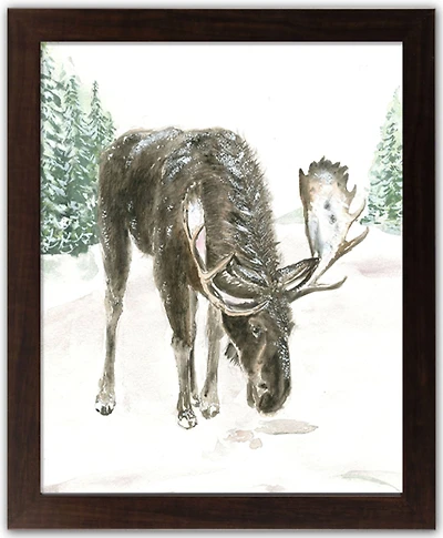 Winter Moose Walnut Framed Print Under Plexiglass