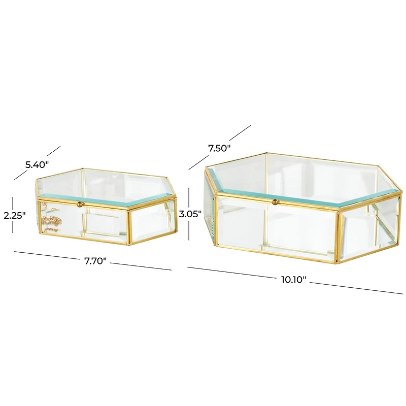 Clear & Gold Beveled Glass & Metal Wide Hexagon Jewelry Box with Chain Accent Set