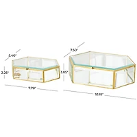 Clear & Gold Beveled Glass & Metal Wide Hexagon Jewelry Box with Chain Accent Set