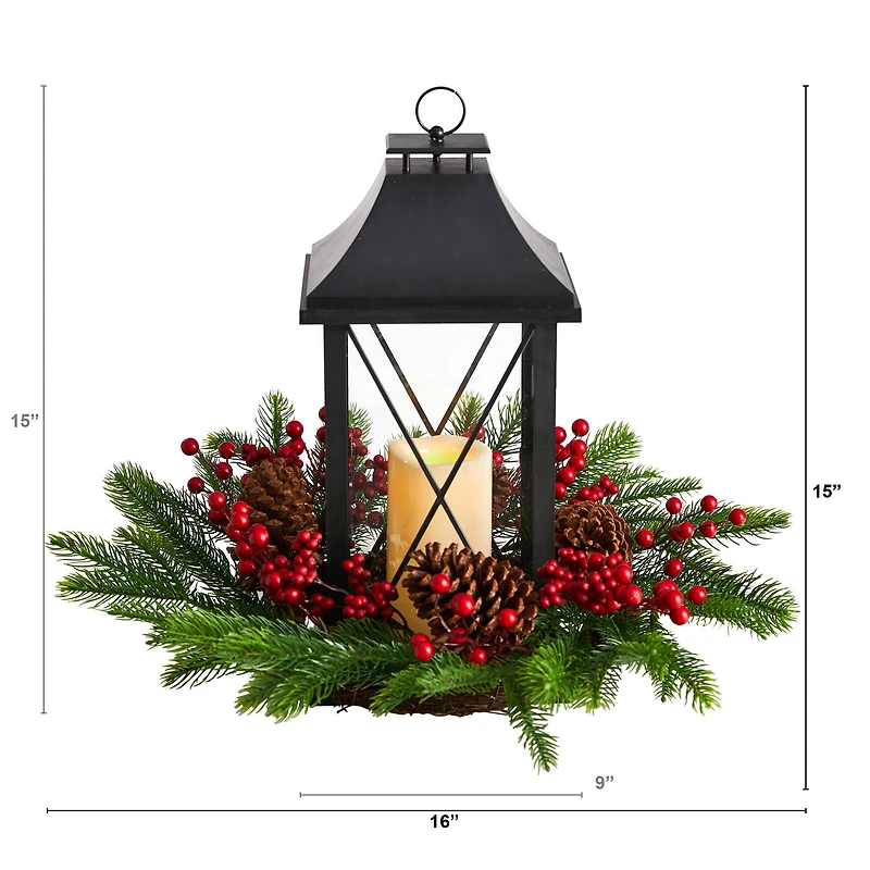 16" Christmas Berries, Pinecones & Greenery with Lantern and LED Candle Artificial Table Arrangement