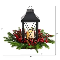 16" Christmas Berries, Pinecones & Greenery with Lantern and LED Candle Artificial Table Arrangement