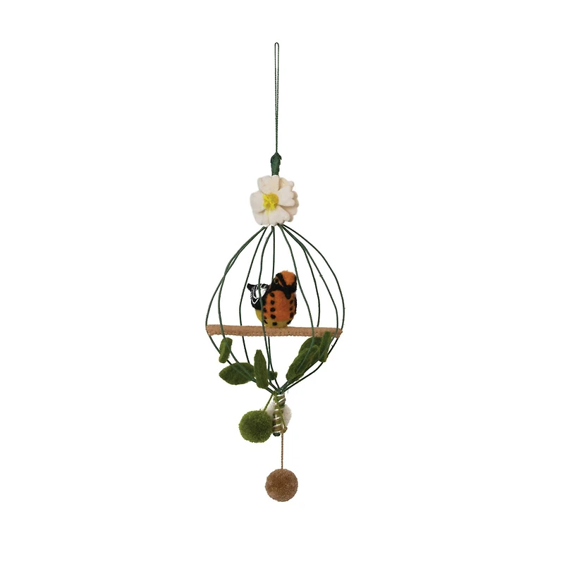 Hello Honey® Wool Felt Flower & Pom Poms Bird Cage Mobile with Bird