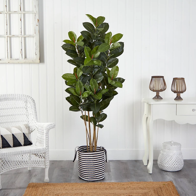 5.5ft. Oak Tree in Handmade Black & White Natural Jute & Cotton Planter