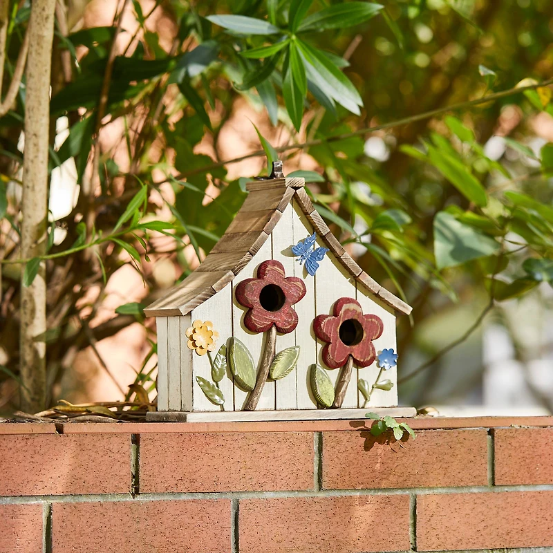 Glitzhome® 10.5" White Distressed Wood Birdhouse with Flowers