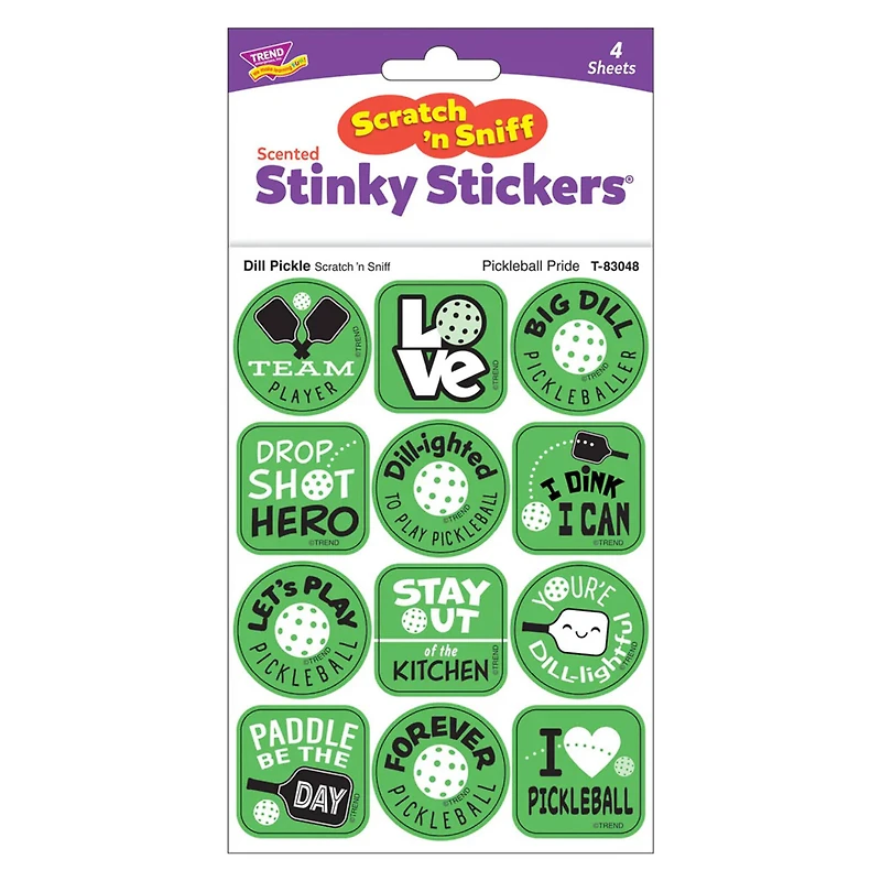 TREND Enterprises® Pickleball DILL-ight, Dill Pickle Scent Scratch n Sniff Stinky Stickers®, 1.25" 6 Packs of 48