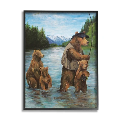 Stupell Industries Brown Grizzly Bear Family Fishing Mountain Lake Landscape Framed Giclee Art