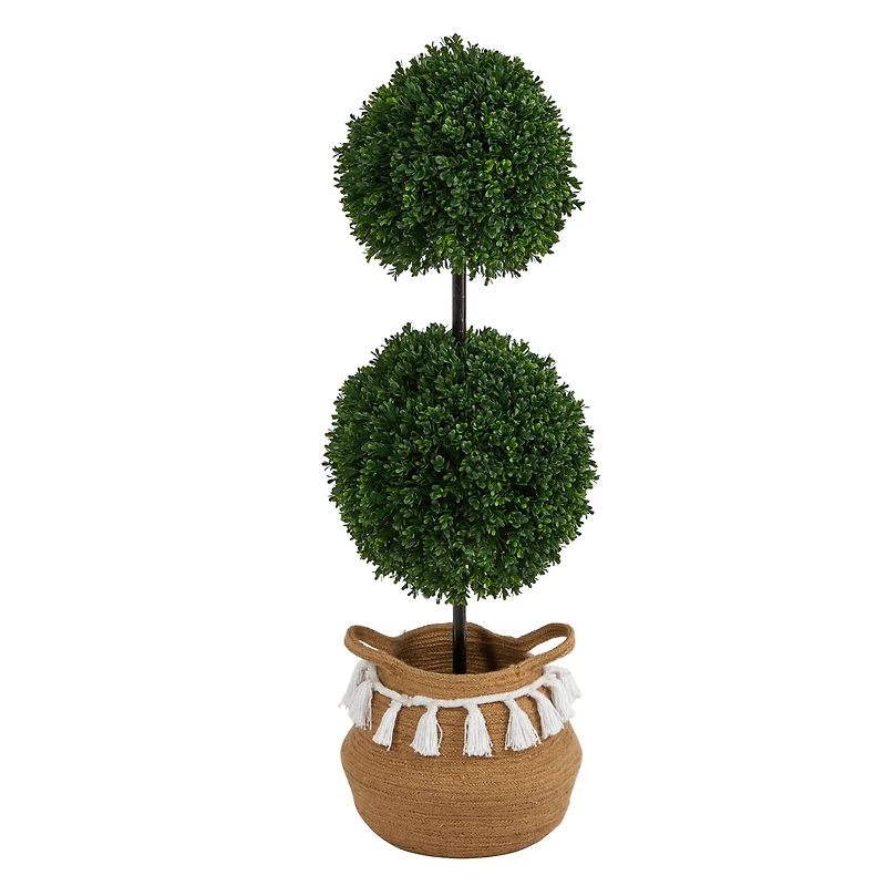 3.5ft. Boxwood Double Ball Artificial Topiary Tree in Boho Chic Handmade Natural Cotton Woven Planter with Tassels UV Resistant (Indoor/Outdoor)