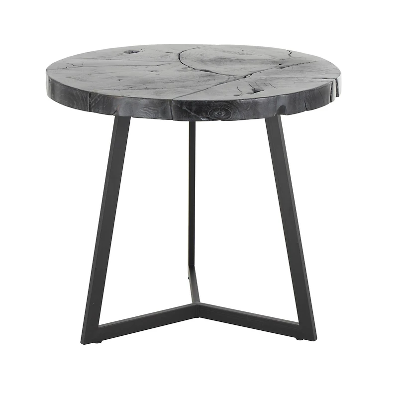 21.5" Black Teak Wood Handmade Live Edge Accent Table with Black Metal Base