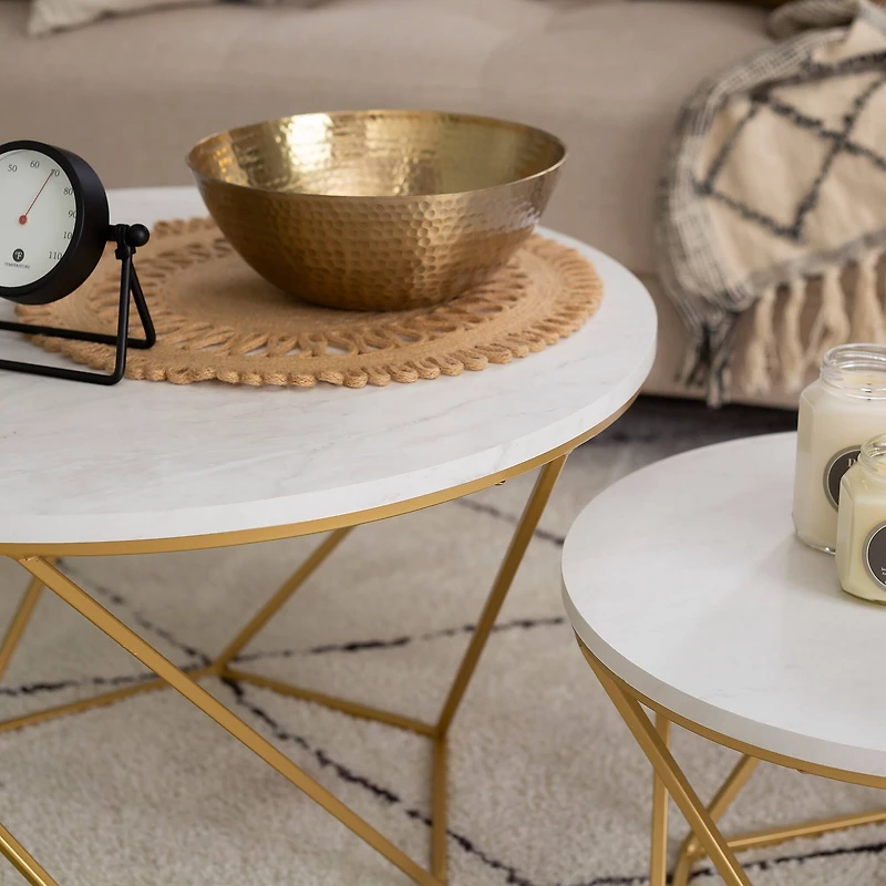 Faux White Marble & Gold Geometric Modern Nesting Coffee Table Set