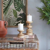The Novogratz Brown Wood Beaded Pillar Candle Holder Set