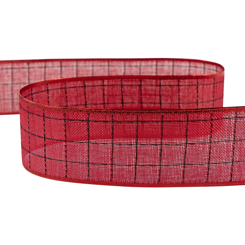 Red Woven Square Plaid Wired Craft Christmas Ribbon 2.5" x 10 Yards