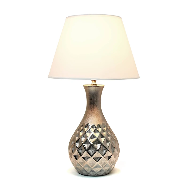Elegant Designs 20.5" Metallic Silver Geometric Ceramic Table Lamp with White Fabric Shade