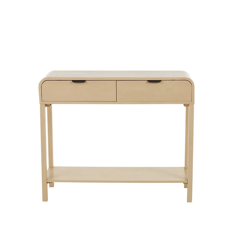35.5" Beige Wood Handmade 2-Drawer Console Table with Black Handles