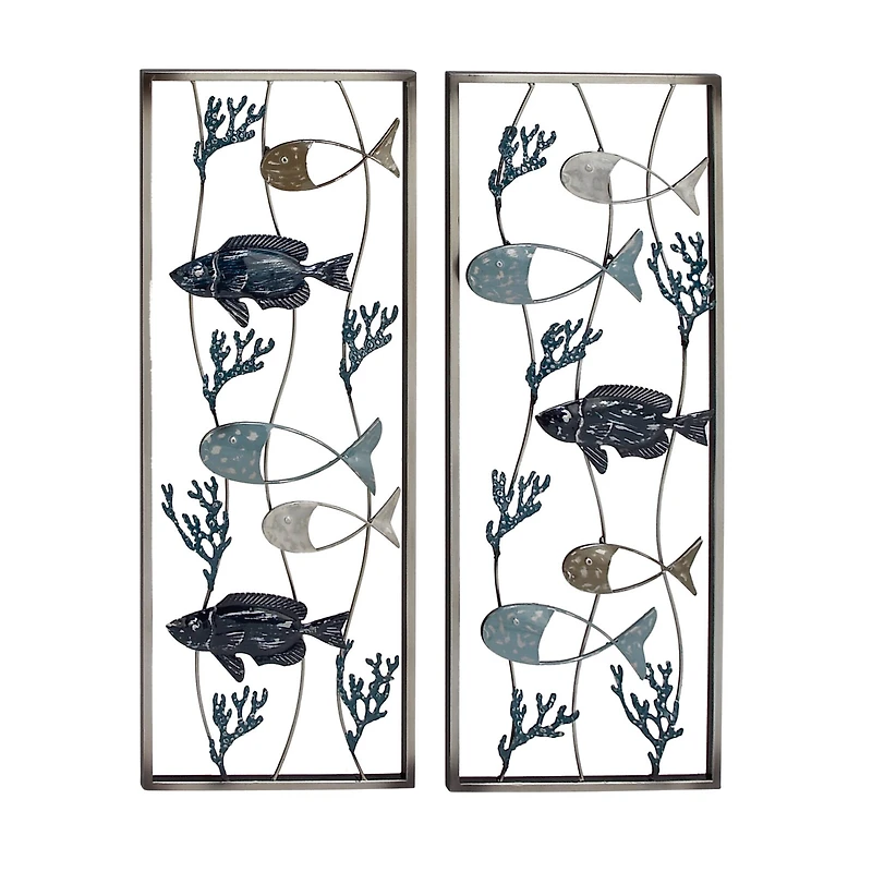 Set of 2 Blue Metal Coastal Fish Wall Decor, 11" x 29"