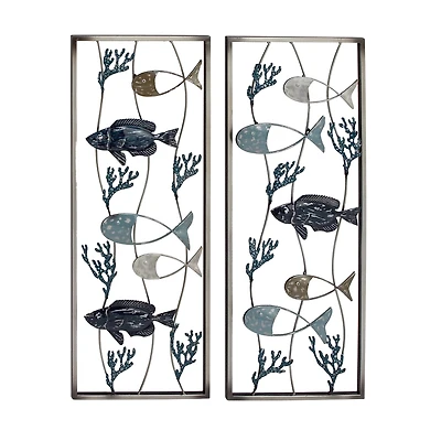 Set of 2 Blue Metal Coastal Fish Wall Decor, 11" x 29"