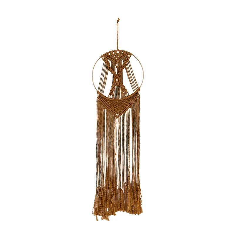 Brown Fabric Handmade Intricately Weaved Macrame Wall Decor with Beaded Fringe Tassels 10" x 0" x 39"