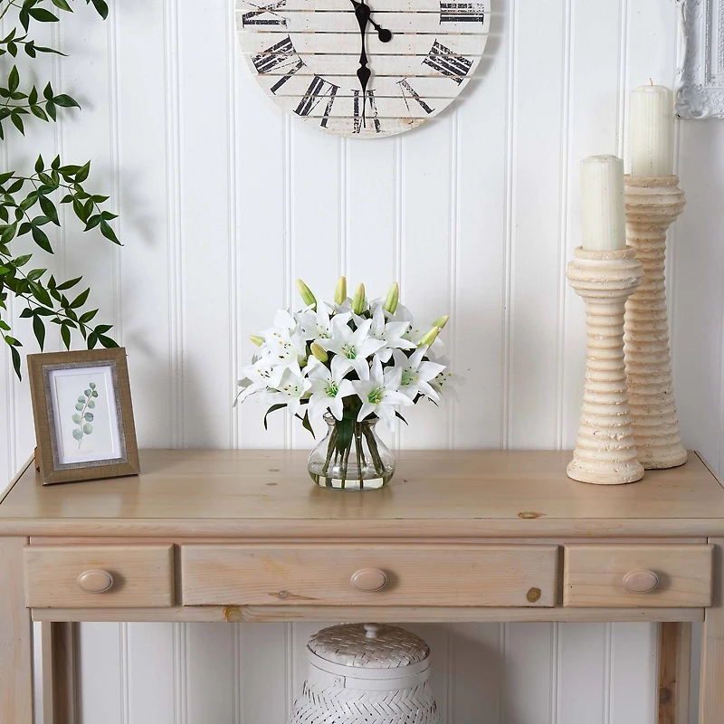 13.5" White Lily Arrangement with Glass Vase