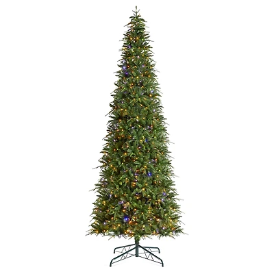 Glitzhome® 11ft Pre-Lit Green Slim Fir Artificial Christmas Tree, Multicolor LED Lights