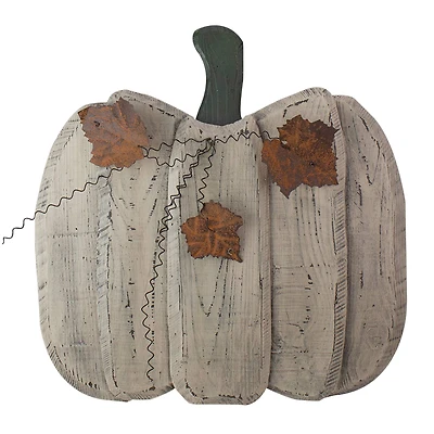 18.5" Large Beige Wooden Fall Harvest Pumpkin with Leaves & Stem