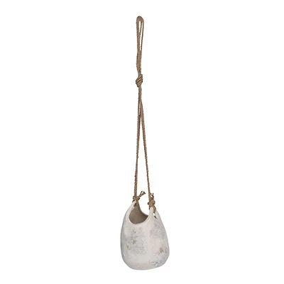 Hello Honey® 9.5" White Distressed Volcano Finish Hanging Stoneware Planter with Jute Rope Hanger