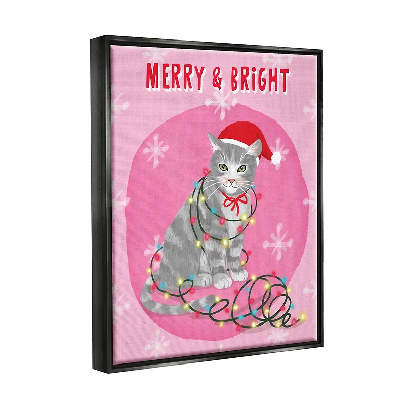 Stupell Industries Merry & Bright Christmas Cat Lights Framed Floater Canvas Wall Art