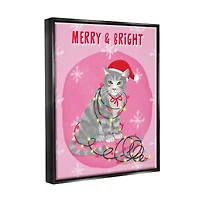 Stupell Industries Merry & Bright Christmas Cat Lights Framed Floater Canvas Wall Art