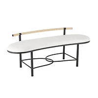 60.25" White Fabric Abstract Upholstered Oval Home Bench with Black Metal Frame & Rope Rod Backrest