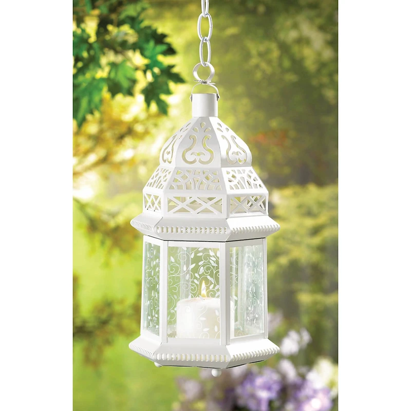 15" White Metal Moroccan Style Hanging Candle Lantern with Etched Floral