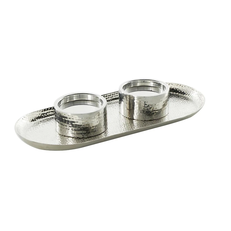 16" Silver Stainless Steel Metal Hammered Candle Holder with Oval Tray Plate