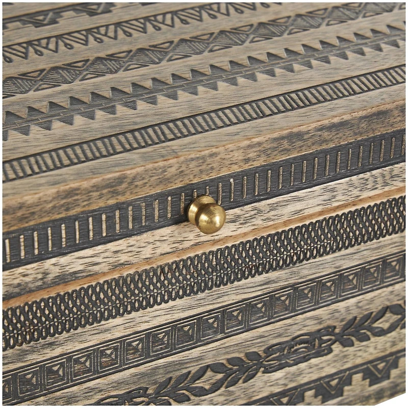 Brown Handmade Storage Box Set with Black Tribal Carvings & Gold Accents