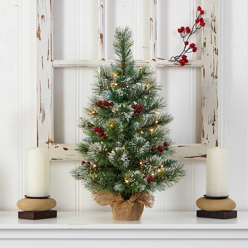 2ft. Pre-Lit Flocked Pine & Berry Artificial Christmas Tree in Burlap Base, Warm White LED Lights