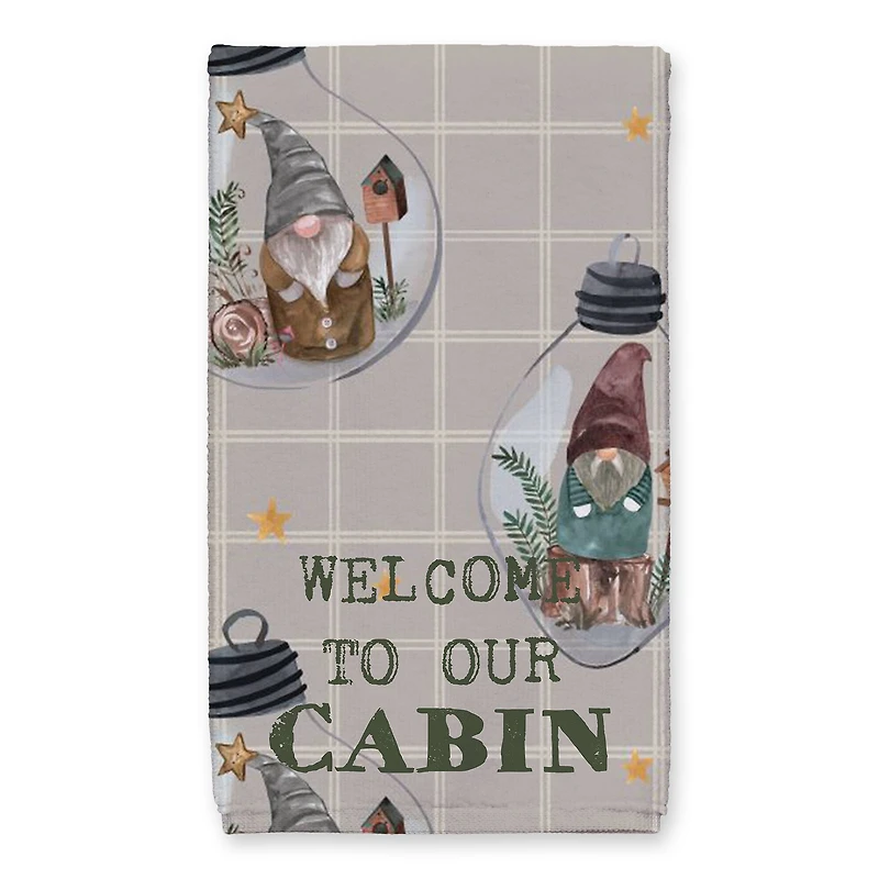Welcome to our Cabin Gray and White Check Gnome Globe Pattern Tea Towel - Set of 2