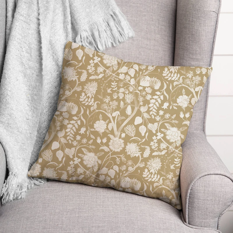 Gold and White Florals Throw Pillow 18" x 18"