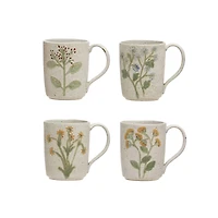 Hello Honey® Cream Flower Design Modern Stoneware Mug Set