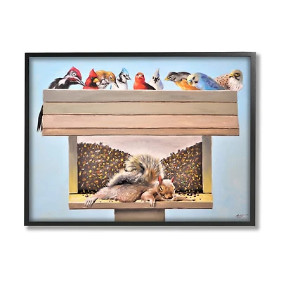 Stupell Industries Squirrel Sleeping Crowded Bird Feeder Funny Backyard Animals Framed Wall Art