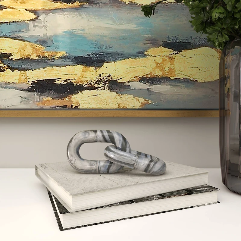9" Gray Marble Geometric 2 Link Chain Sculpture Décor