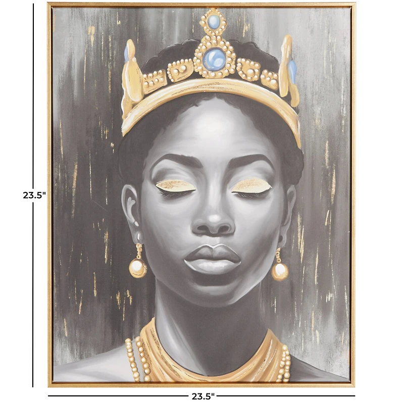 24" x 2" x 24" Black Canvas Woman Shaded Living Room Framed Wall Art with Blue Crown and Gold Foil Accents