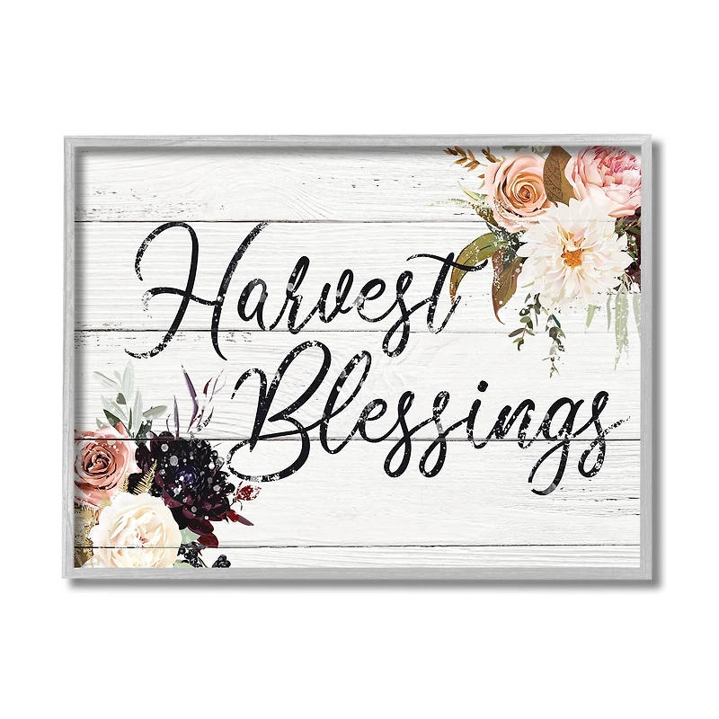 Stupell Industries Harvest Blessings Phrase Pink Peony Floral Arrangements in Frame Wall Art