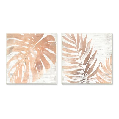 Stupell Industries Orange Palm Leaves over Rustic Distressed Pattern Wall Plaque Set