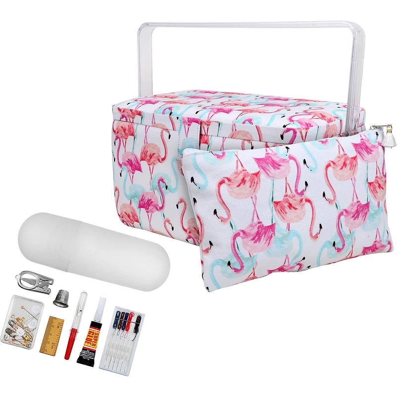 SINGER® Large Flamingo Print Sewing Basket with Matching Pouch Sew Kit