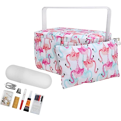 SINGER® Large Flamingo Print Sewing Basket with Matching Pouch Sew Kit