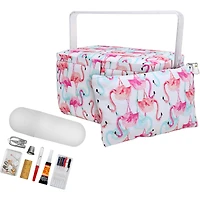 SINGER® Large Flamingo Print Sewing Basket with Matching Pouch Sew Kit
